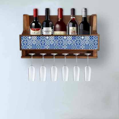 Wall Mounted Wine Rack Cabinet for Living Room - Stores 5 Bottles 6 Glasses - Spanish Pattern Nutcase