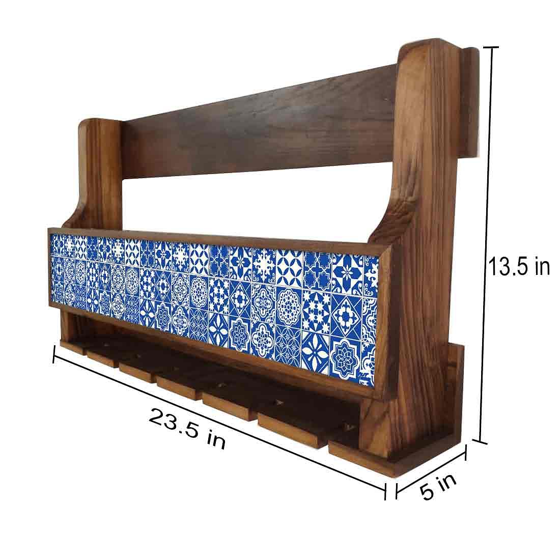 Wall Mounted Wine Rack Cabinet for Living Room - Stores 5 Bottles 6 Glasses - Spanish Pattern Nutcase