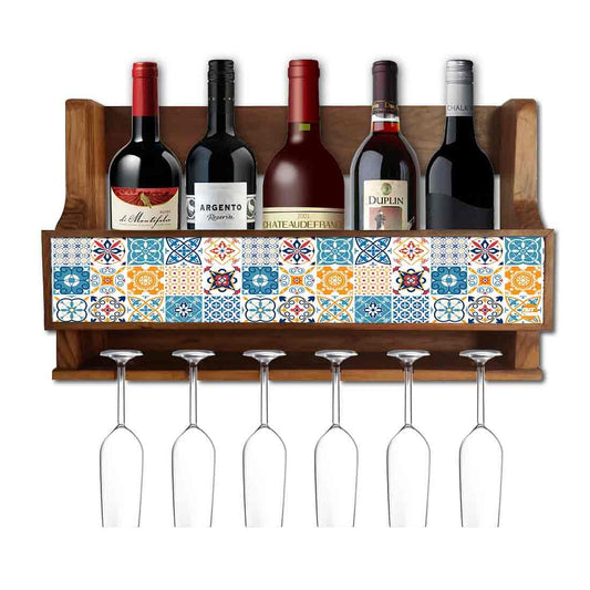 Designer Wooden Wall Mounted Wine Glass Rack Holder for 5 Bottles 6 Glasses - Spanish Nutcase