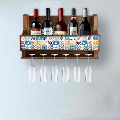 Designer Wooden Wall Mounted Wine Glass Rack Holder for 5 Bottles 6 Glasses - Spanish Nutcase