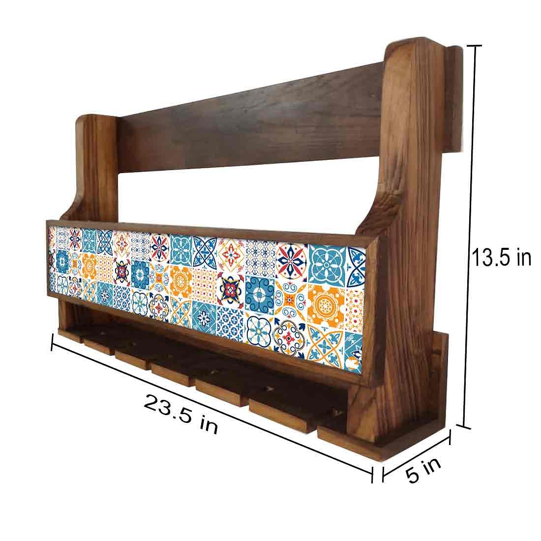 Designer Wooden Wall Mounted Wine Glass Rack Holder for 5 Bottles 6 Glasses - Spanish Nutcase