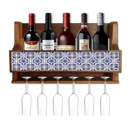 Nutcase Designer Wooden Wine Rack Gloss Holder, Teak Wood Wall Mounted Wine
 Cabinet , 5 bottle Hangers for 6 Wine Glasses - Nutcase