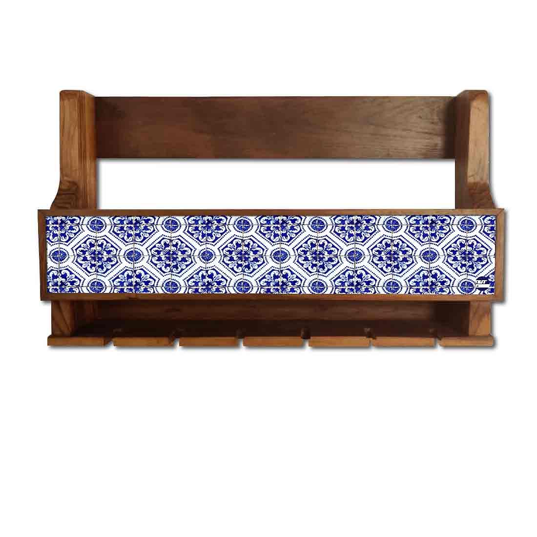 Wall Mounted Wooden Wine Cabinet for Living Room 5 Bottles 6 Glasses - Spanish Tiles Nutcase