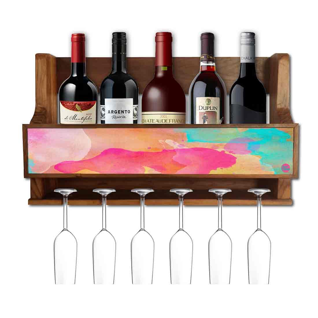 Nutcase Designer Wooden Wine Rack Gloss Holder, Teak Wood Wall Mounted Wine
 Cabinet , 5 bottle Hangers for 6 Wine Glasses - Nutcase