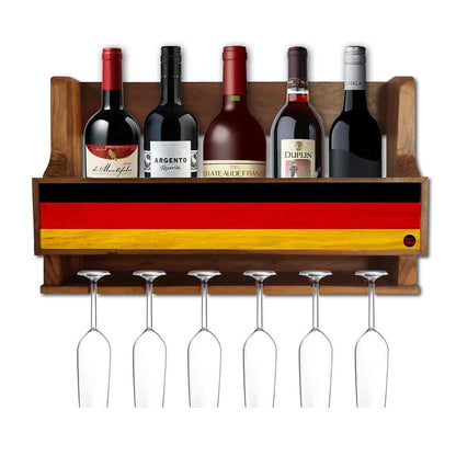 Nutcase Designer Wooden Wine Rack Gloss Holder, Teak Wood Wall Mounted Wine
 Cabinet , 5 bottle Hangers for 6 Wine Glasses - Nutcase