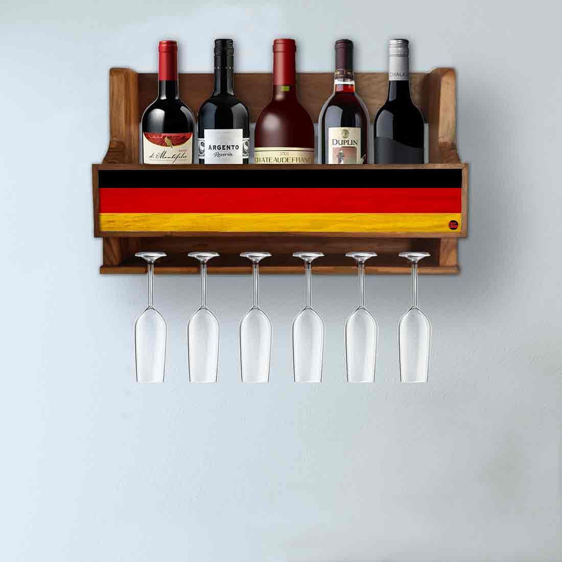 Nutcase Designer Wooden Wine Rack Gloss Holder, Teak Wood Wall Mounted Wine
 Cabinet , 5 bottle Hangers for 6 Wine Glasses - Nutcase