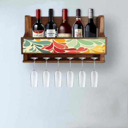 Nutcase Designer Wooden Wine Rack Gloss Holder, Teak Wood Wall Mounted Wine
 Cabinet , 5 bottle Hangers for 6 Wine Glasses - Nutcase