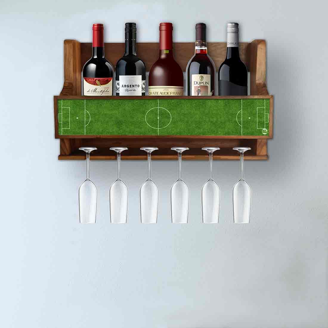 Wine Rack Wall Cabinet Wooden for Living Room - Stores 5 Bottles 6 Glasses - Football Pitch Nutcase