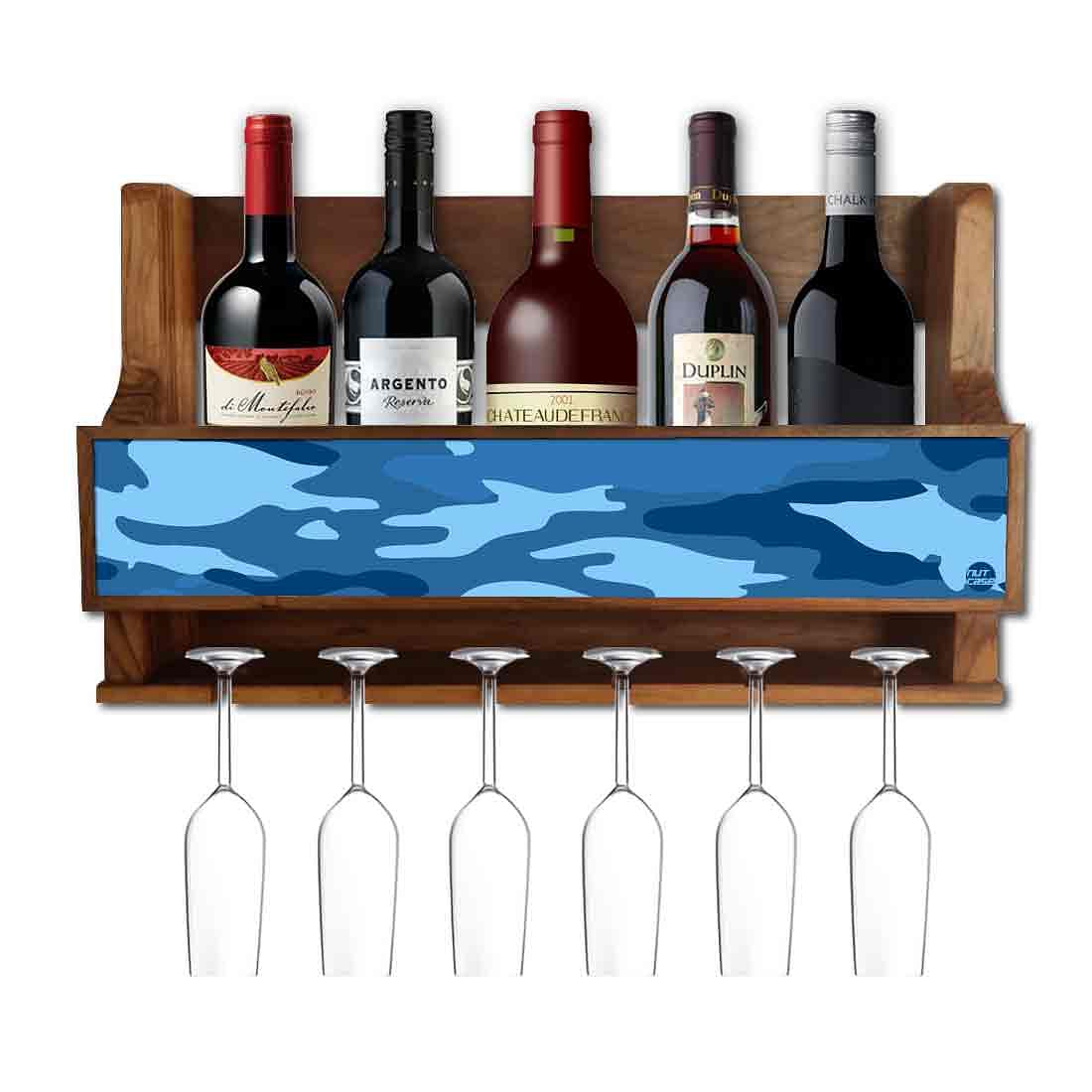 Nutcase Designer Wooden Wine Rack Gloss Holder, Teak Wood Wall Mounted Wine
 Cabinet , 5 bottle Hangers for 6 Wine Glasses - Nutcase