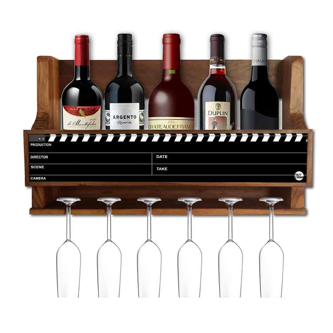 Nutcase Designer Wooden Wine Rack Gloss Holder, Teak Wood Wall Mounted Wine
 Cabinet , 5 bottle Hangers for 6 Wine Glasses - Nutcase