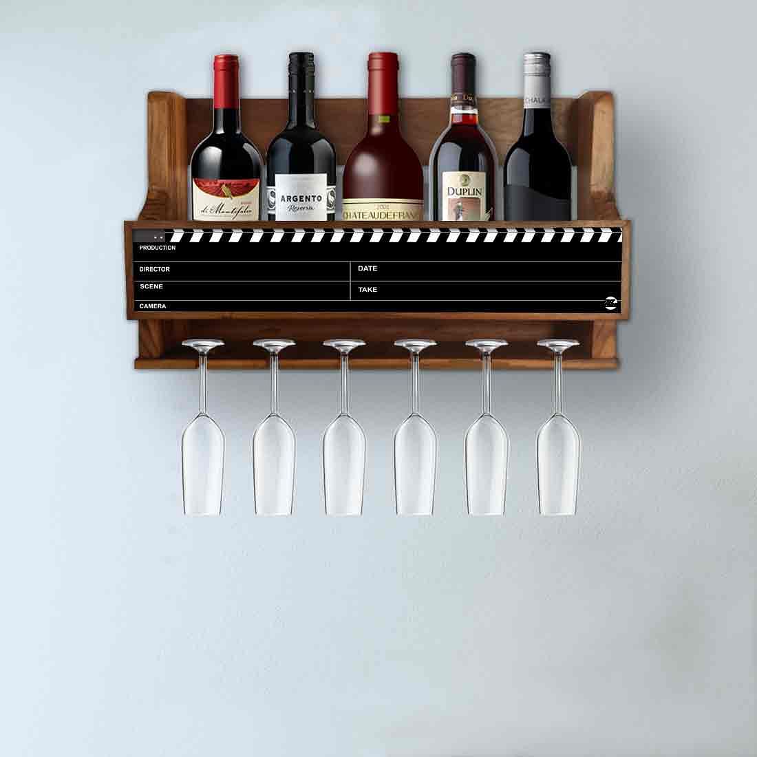 Nutcase Designer Wooden Wine Rack Gloss Holder, Teak Wood Wall Mounted Wine
 Cabinet , 5 bottle Hangers for 6 Wine Glasses - Nutcase