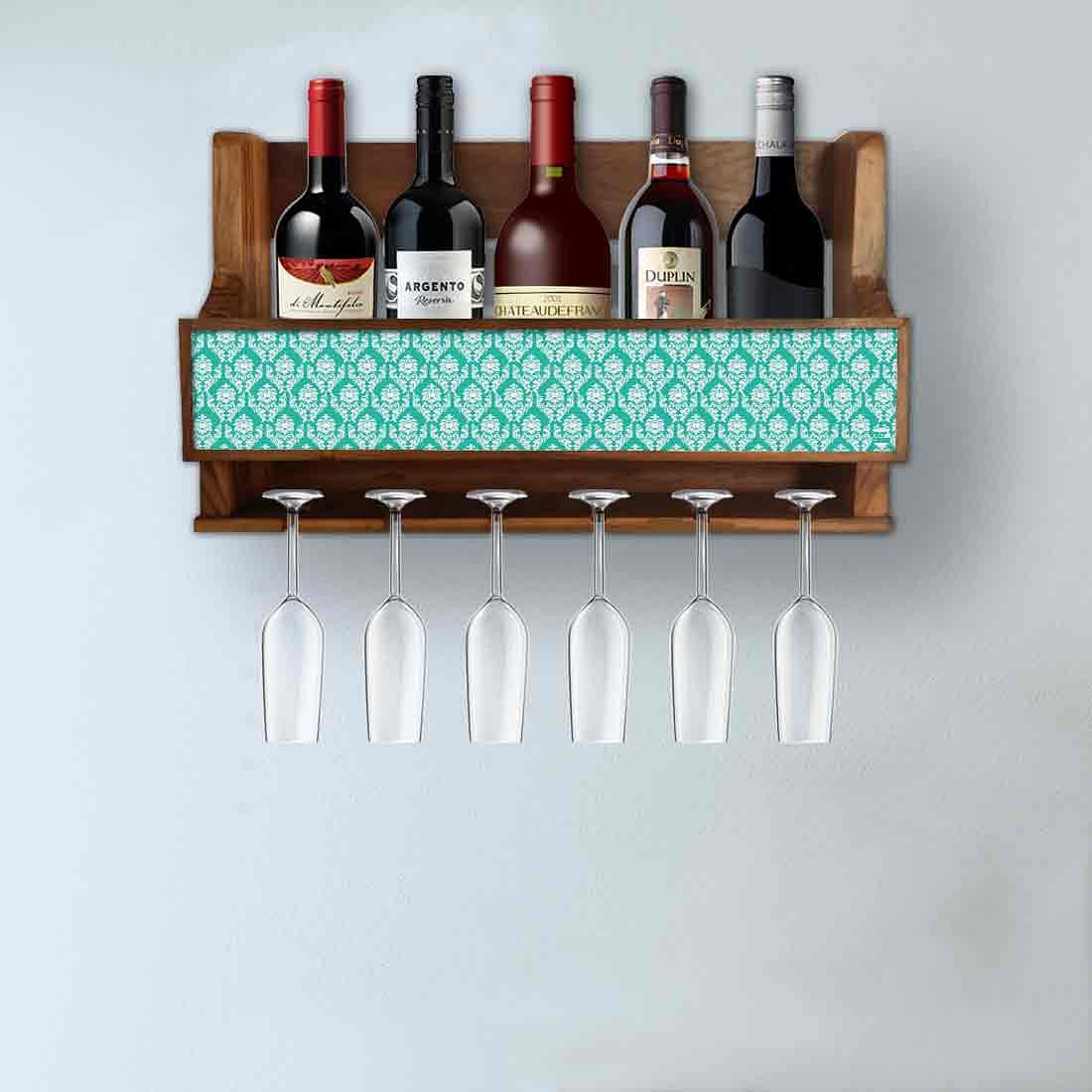 Wall mounted wine glass bottle display rack for 6 inverted glasses 5 wine bottles made with solid teak wood in natural finish. Nutcase