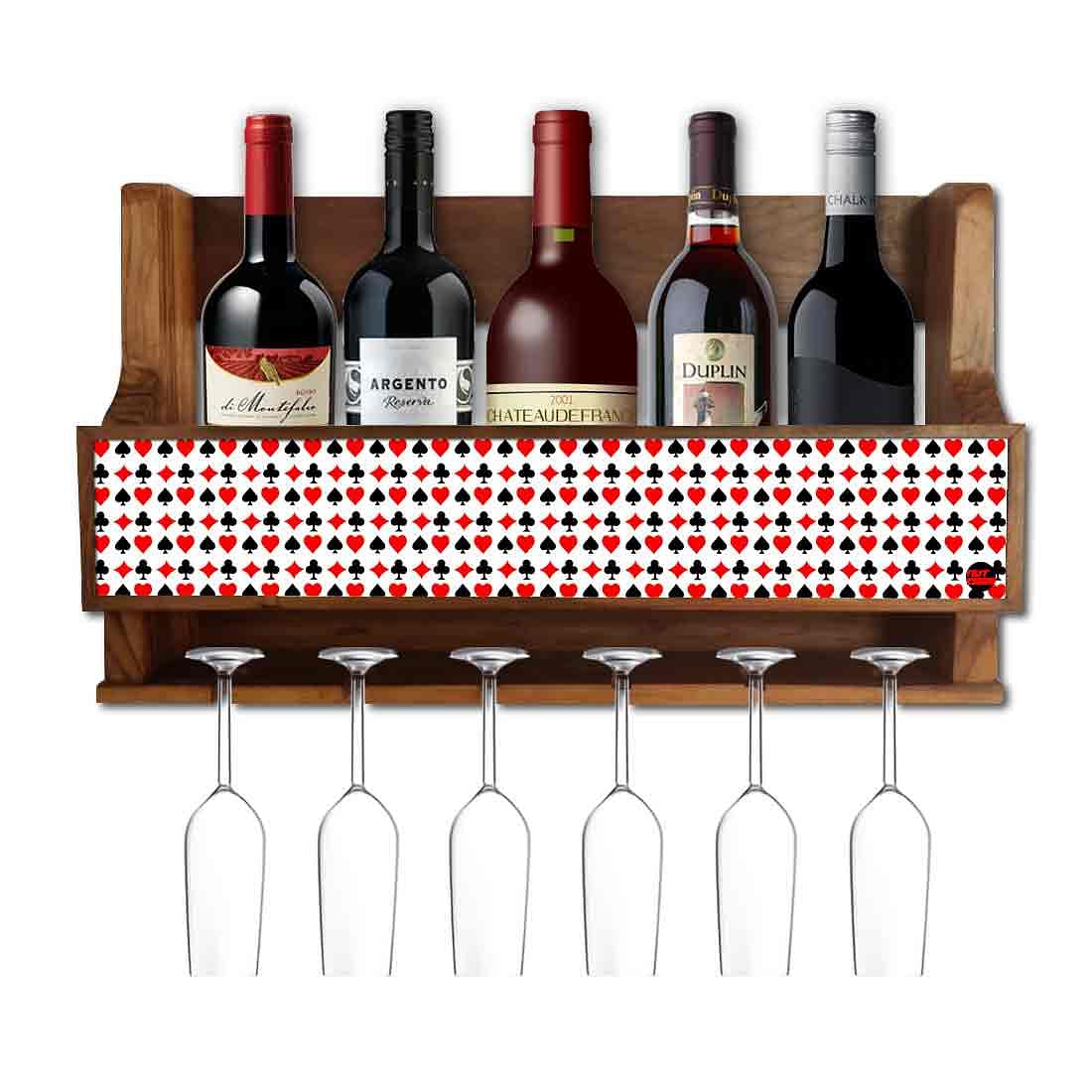 Nutcase Designer Wooden Wine Rack Gloss Holder, Teak Wood Wall Mounted Wine
 Cabinet , 5 bottle Hangers for 6 Wine Glasses - Nutcase