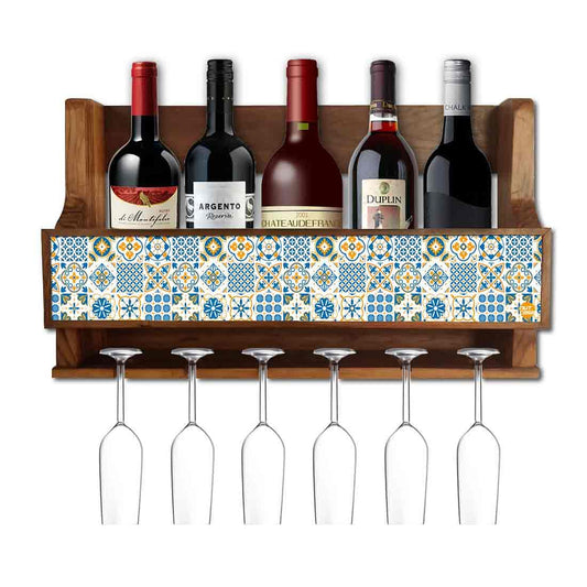 Wall Mounted Wine Cabinet Rack for Living Room - Stores 5 Bottles 6 Glasses - Spanish Nutcase