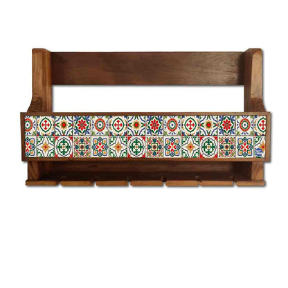 Designer Wood Wine Rack Wall  for Living Room - Stores 5 Bottles 6  Glasses - Spanish Tiles Nutcase