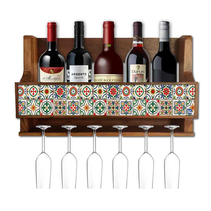 Designer Wood Wine Rack Wall  for Living Room - Stores 5 Bottles 6  Glasses - Spanish Tiles Nutcase