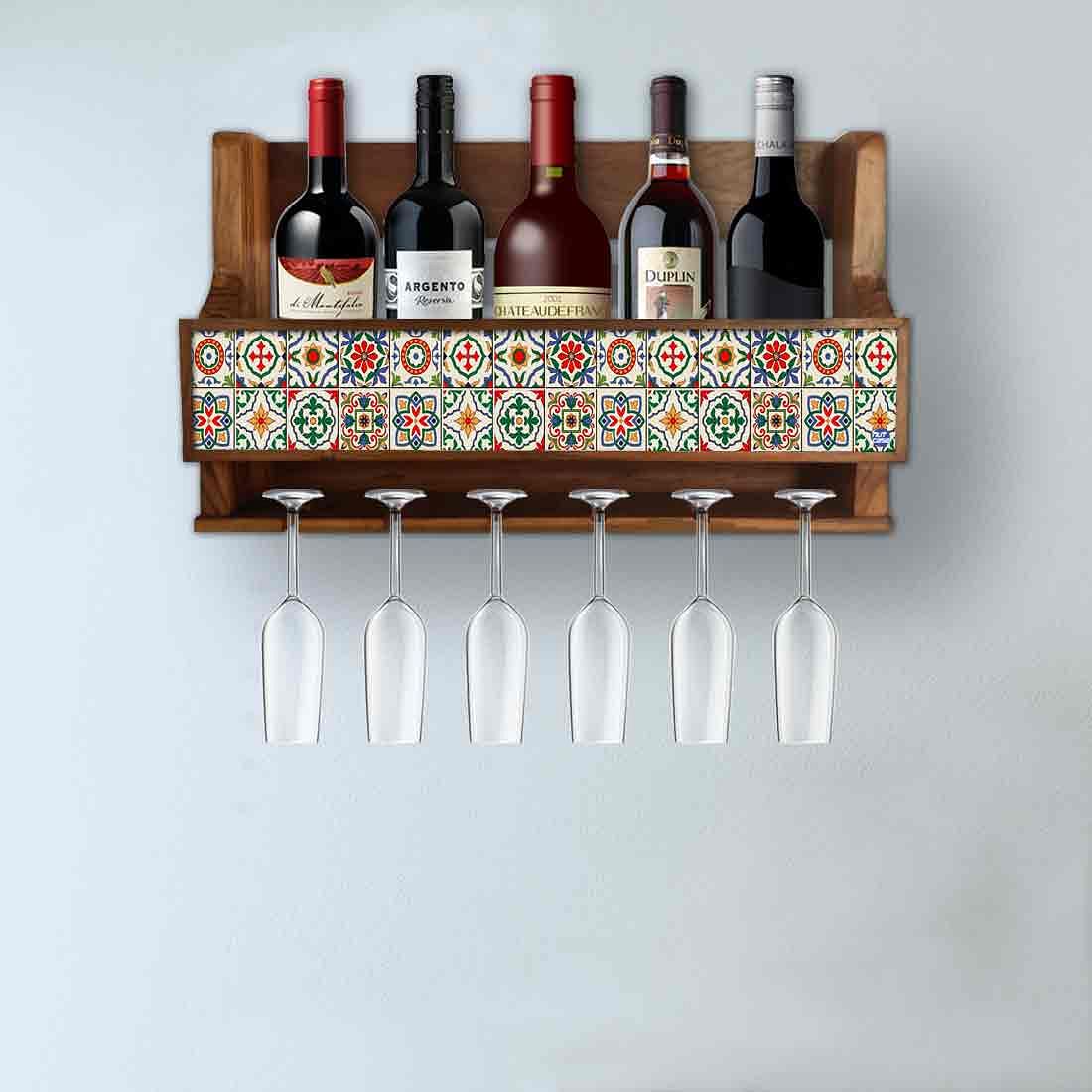 Designer Wood Wine Rack Wall  for Living Room - Stores 5 Bottles 6  Glasses - Spanish Tiles Nutcase