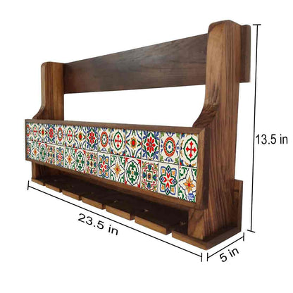 Designer Wood Wine Rack Wall  for Living Room - Stores 5 Bottles 6  Glasses - Spanish Tiles Nutcase