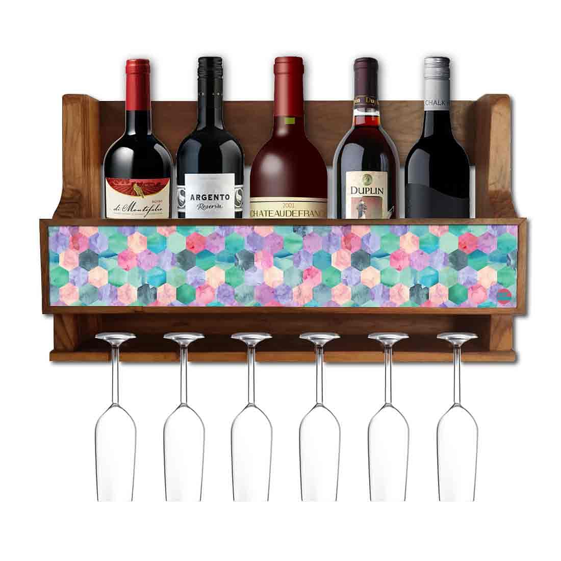 Nutcase Designer Wooden Wine Rack Gloss Holder, Teak Wood Wall Mounted Wine
 Cabinet , 5 bottle Hangers for 6 Wine Glasses - Nutcase