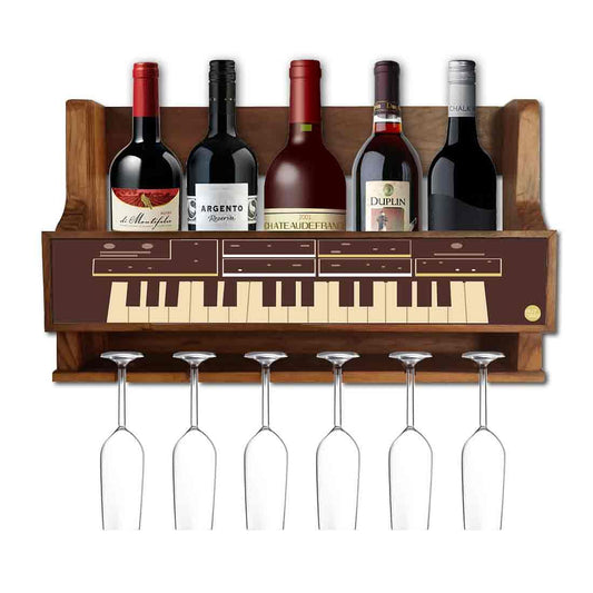 Small Wooden Wine Bottle Wall Rack Mini Bar Cabinet for Living Room 5 Bottles 6 Glasses - Vintage Map Nutcase