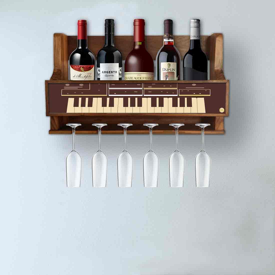 Small Wooden Wine Bottle Wall Rack Mini Bar Cabinet for Living Room 5 Bottles 6 Glasses - Vintage Map Nutcase