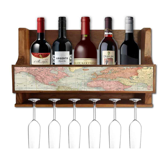 Wine Rack Wall Cabinet Wooden for Living Room - Stores 5 Bottles 6 Glasses Nutcase