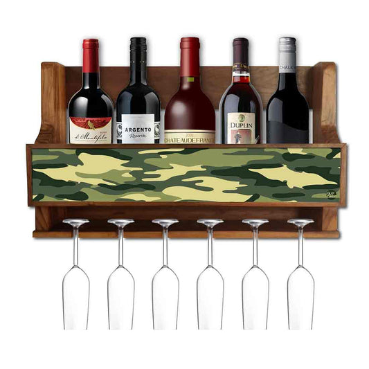 Nutcase Designer Wooden Wine Rack Gloss Holder, Teak Wood Wall Mounted Wine
 Cabinet , 5 bottle Hangers for 6 Wine Glasses - Nutcase