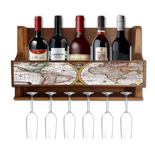 Wooden Wine Bottle Rack Wall Mounted Cabinet for 5 Bottles 6 Glasses - Map Nutcase