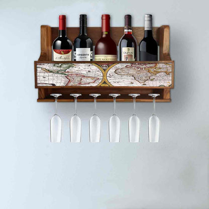 Wooden Wine Bottle Rack Wall Mounted Cabinet for 5 Bottles 6 Glasses - Map Nutcase