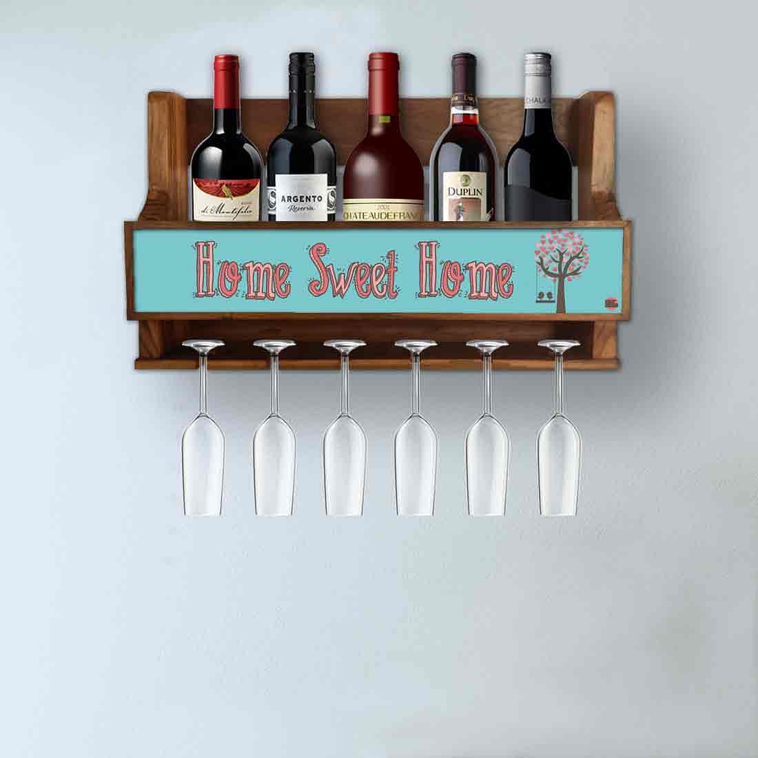 Designer Wooden Wall Wine Bottle Holder for Living Room 5 Bottles 6 Glasses - Sweet Home Nutcase