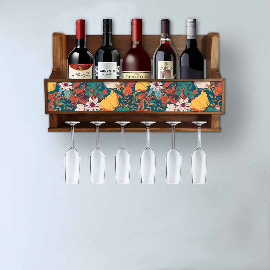Wine Holder Wall Mounted Mini Bar Cabinet for 5 Bottles 6 Glasses-Elegance Nutcase
