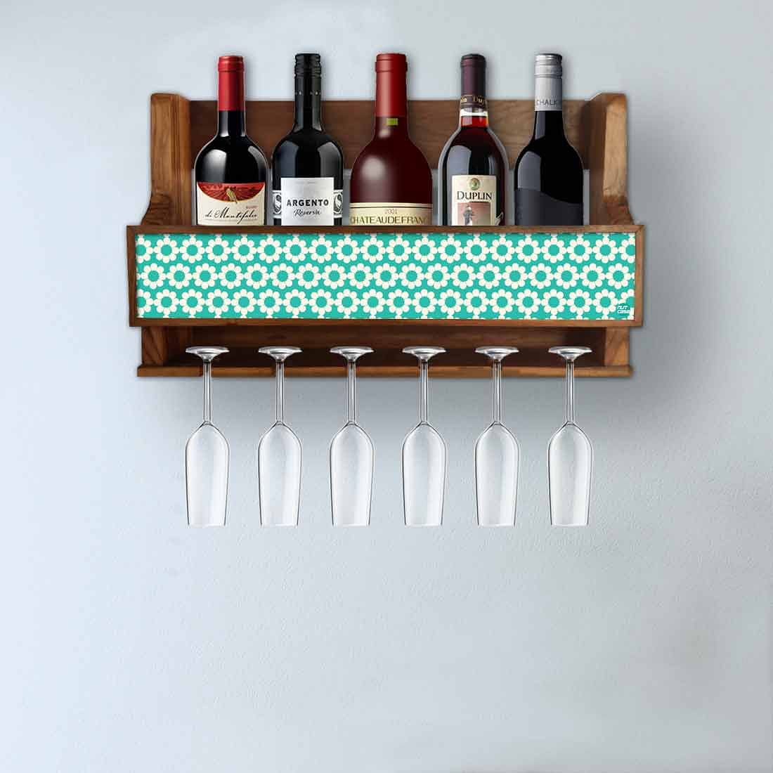 Nutcase Wooden Wine Stand Mini Bar Wall Mounted for 5 Bottles 6 Glasses-Blue Polka Nutcase