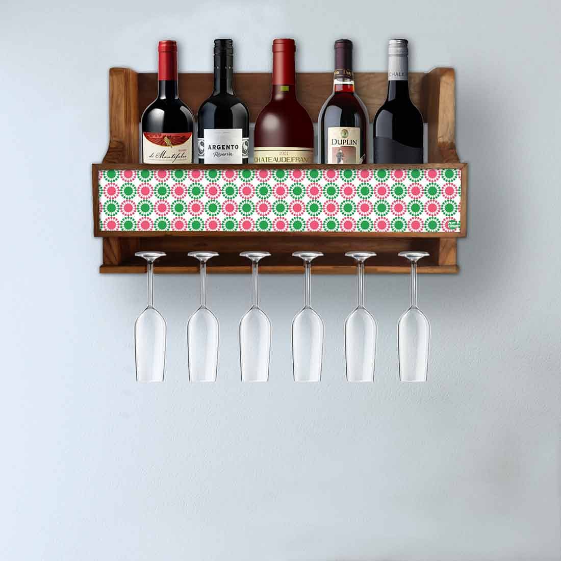 Nutcase Wooden Wine Bottle Holder Wall Mount Mini Bar for 5 bottles 6 Glasses-Pink Green Polka Nutcase