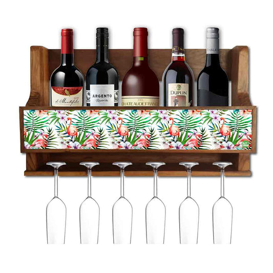 Nutcase Designer Wooden Wine Rack Gloss Holder, Teak Wood Wall Mounted Wine
 Cabinet , 5 bottle Hangers for 6 Wine Glasses -  Tropical Nutcase