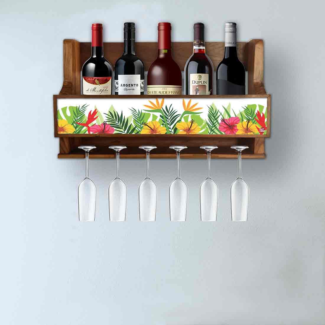 Wood Wall Mounted Wine Rack Glass Holder for Living Room - Stores 5 Bottles 6 Glasses - Floral Nutcase