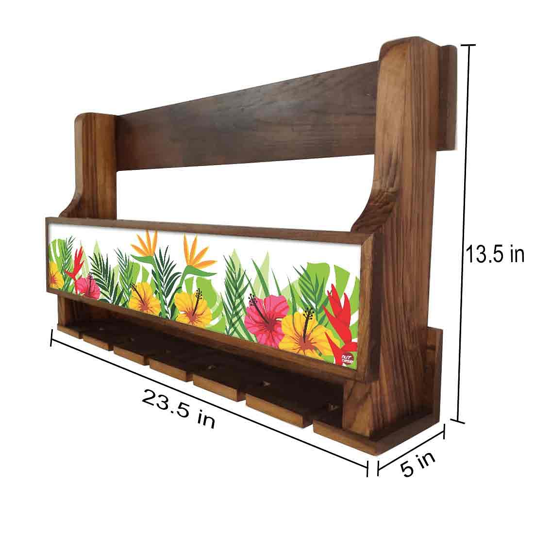 Wood Wall Mounted Wine Rack Glass Holder for Living Room - Stores 5 Bottles 6 Glasses - Floral Nutcase