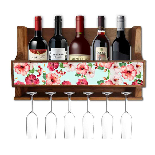 Nutcase Designer Wooden Wine Rack Gloss Holder, Teak Wood Wall Mounted Wine
 Cabinet , 5 bottle Hangers for 6 Wine Glasses -  Blue Floral Nutcase