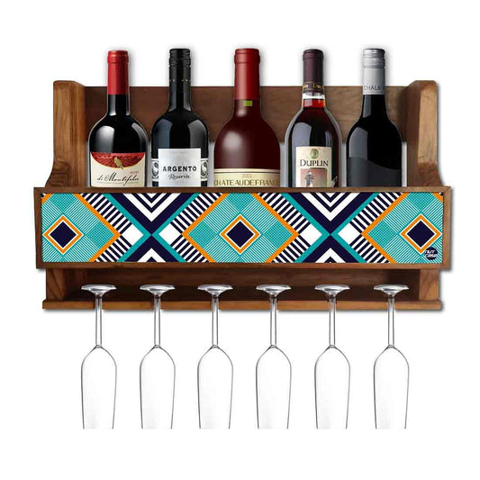 Small Wooden Wine Bottle Holder Wall Mounted for Living Room - Stores 5 Bottles 6 Glasses - Geometry Nutcase