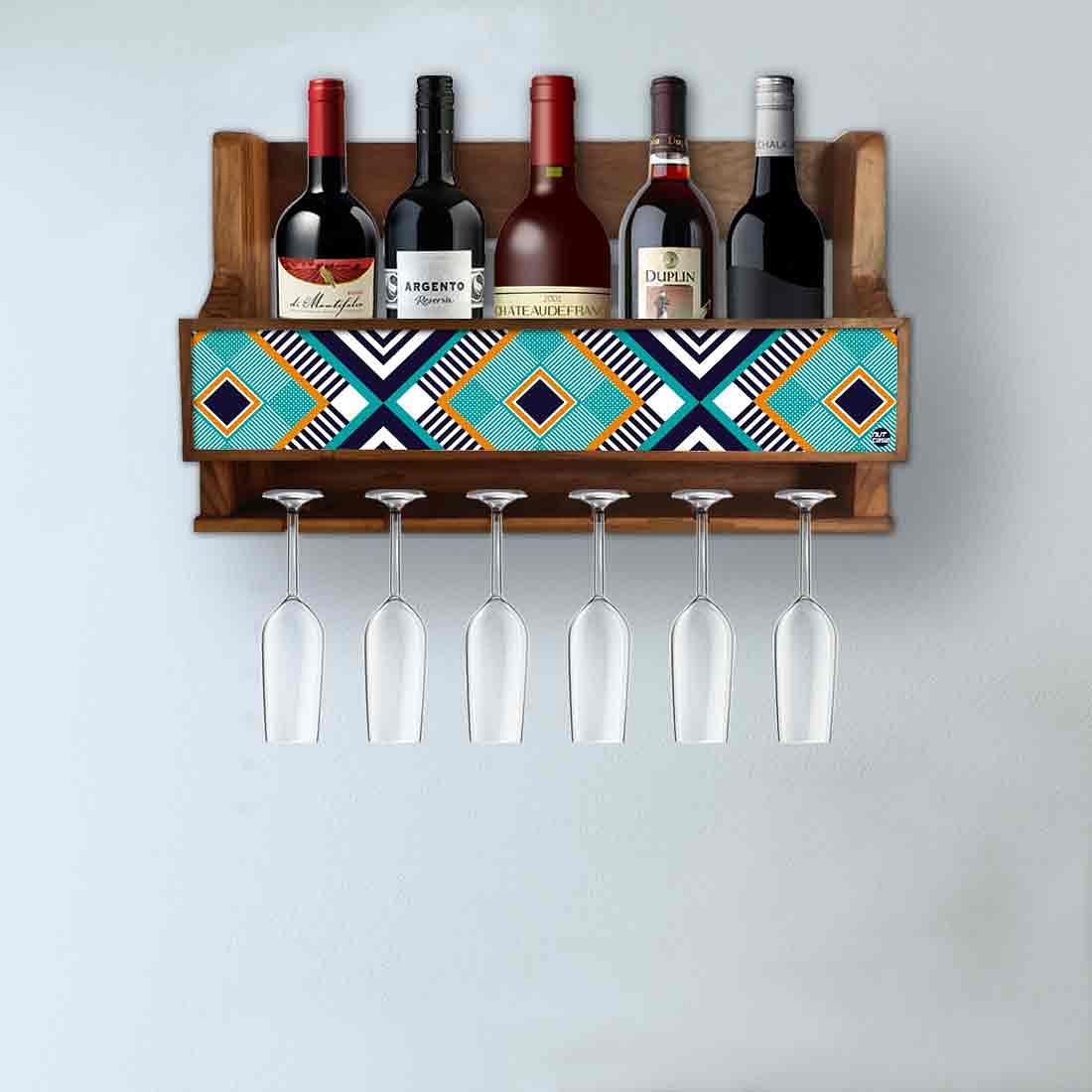 Small Wooden Wine Bottle Holder Wall Mounted for Living Room - Stores 5 Bottles 6 Glasses - Geometry Nutcase