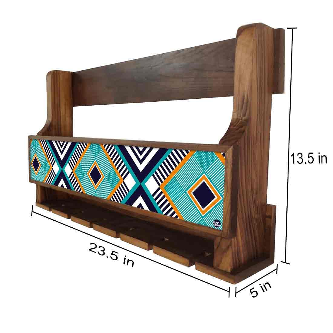 Small Wooden Wine Bottle Holder Wall Mounted for Living Room - Stores 5 Bottles 6 Glasses - Geometry Nutcase