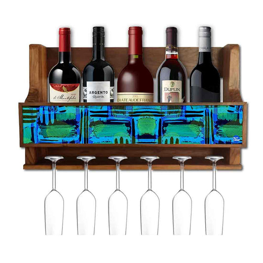 Nutcase Designer Wooden Wine Rack Gloss Holder, Teak Wood Wall Mounted Wine
 Cabinet , 5 bottle Hangers for 6 Wine Glasses -  Abstract Blue Nutcase