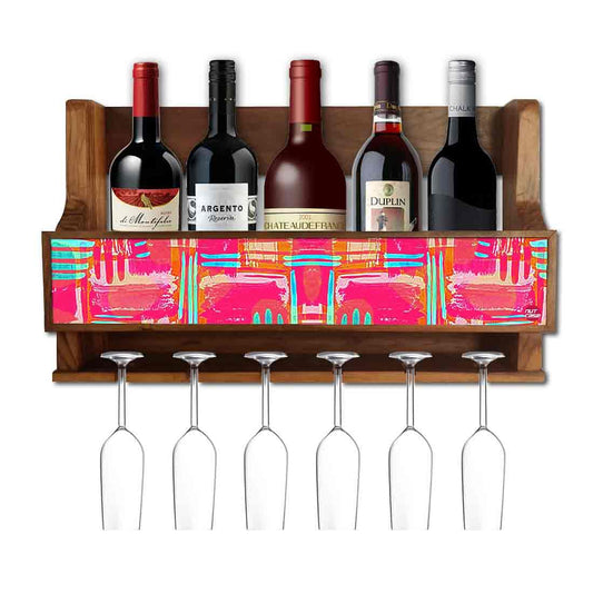 Nutcase Designer Wooden Wine Rack Gloss Holder, Teak Wood Wall Mounted Wine
 Cabinet , 5 bottle Hangers for 6 Wine Glasses -  Abstract Pink Nutcase