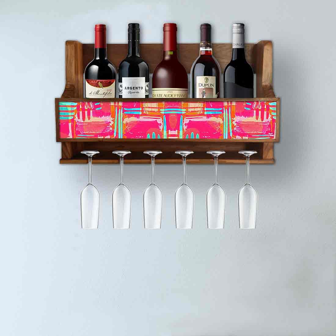 Nutcase Designer Wooden Wine Rack Gloss Holder, Teak Wood Wall Mounted Wine
 Cabinet , 5 bottle Hangers for 6 Wine Glasses -  Abstract Pink Nutcase