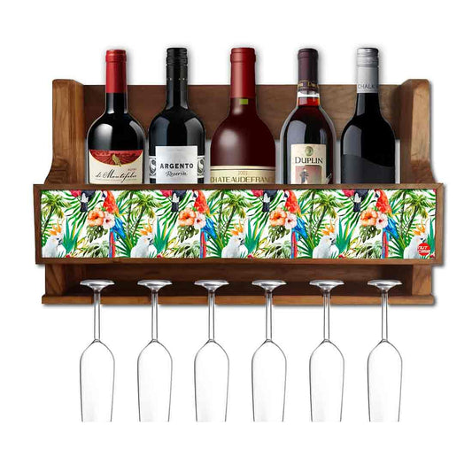 Nutcase Designer Wooden Wine Rack Gloss Holder, Teak Wood Wall Mounted Wine
 Cabinet , 5 bottle Hangers for 6 Wine Glasses -  Tropical Jungle Nutcase