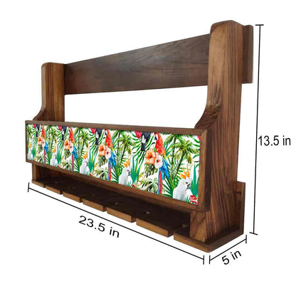 Nutcase Designer Wooden Wine Rack Gloss Holder, Teak Wood Wall Mounted Wine
 Cabinet , 5 bottle Hangers for 6 Wine Glasses -  Tropical Jungle Nutcase