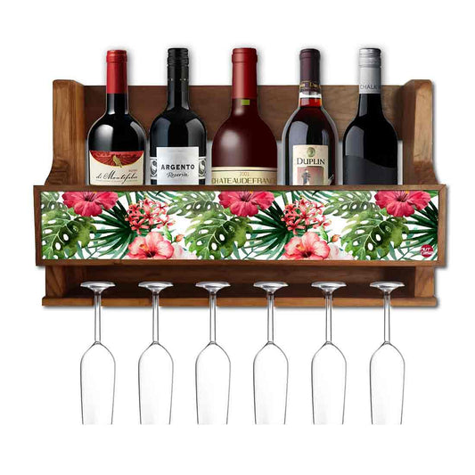 Nutcase Designer Wooden Wine Rack Gloss Holder, Teak Wood Wall Mounted Wine
 Cabinet , 5 bottle Hangers for 6 Wine Glasses -  Sweet Flowers Nutcase