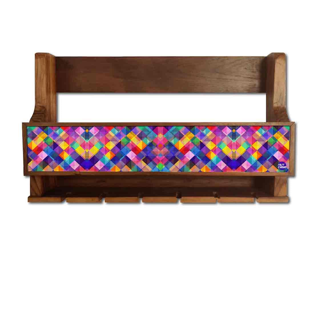 Nutcase Wall Wine Rack Mini Bar for living room-Stores 5 bottles 6 Wine Glasses-Colorful Burlap Nutcase