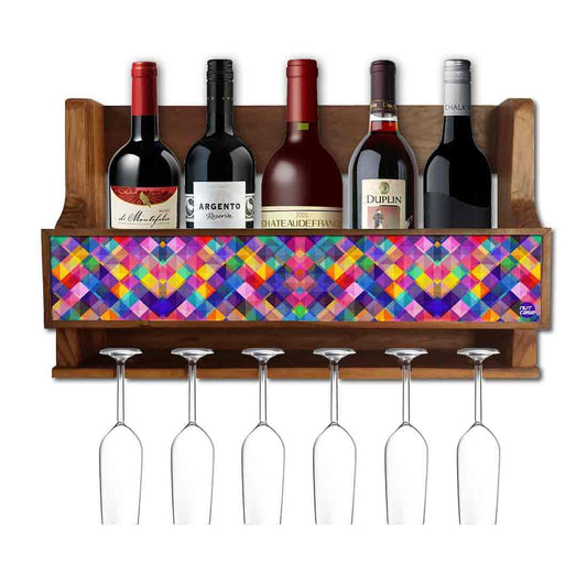 Nutcase Wall Wine Rack Mini Bar for living room-Stores 5 bottles 6 Wine Glasses-Colorful Burlap Nutcase