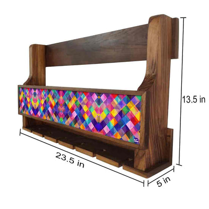 Nutcase Wall Wine Rack Mini Bar for living room-Stores 5 bottles 6 Wine Glasses-Colorful Burlap Nutcase