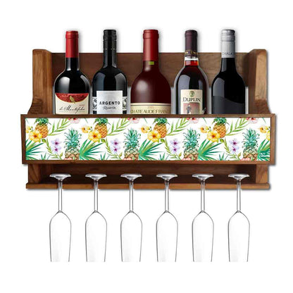 Nutcase Designer Wooden Wine Rack Gloss Holder, Teak Wood Wall Mounted Wine
 Cabinet , 5 bottle Hangers for 6 Wine Glasses -  Pineapple Garden Nutcase